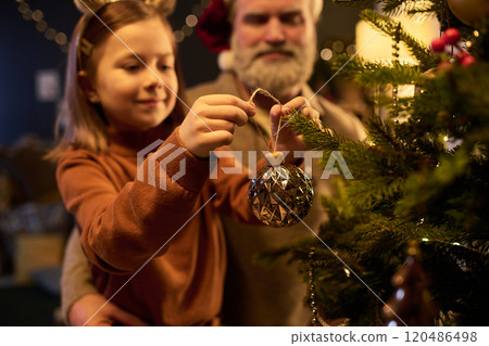 Decorating Christmas Tree with Metallic Ornament 120486498