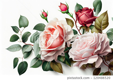 Fresh Roses Bouquet on a White Background - Generative AI 120486520
