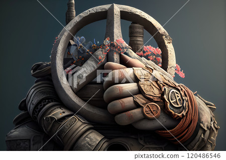 The symbol of pacifism in the hands of a veteran warrior - Generative AI 120486546