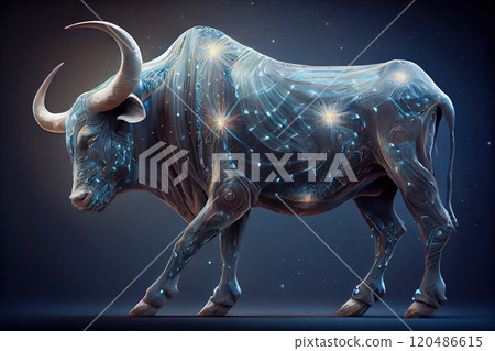 alternative visualization of the concept of astronomical subjects - the sign of the horoscope Taurus - one of the twelve zodiac signs, the bull with the image of the constellation Bull against the 120486615