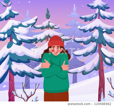 Winter nature. Woman shivering in snowy forest. Cold weather. Girl suffering from frost. Trembling person. Wild snow tree. Hypothermia discomfort. Wintertime temperature. Chilly people. Vector concept 120486982