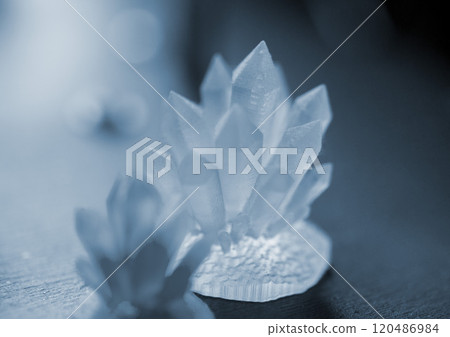 Detailed models in the form of crystals printed on 3D printer from polymer close-up. Detailed object created by 3D printer using the 3D printing method. Concept 3D Printing. SLA printing technology 120486984