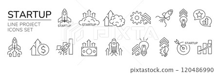 Rocket icon. Startup business line logo. Financial technology. Success vision. Creative goal. Money idea. Chart growth. Computer innovation. Growth innovation. Economy strategy. Vector garish sign set 120486990