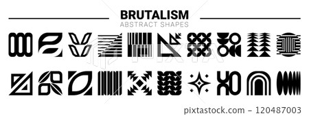 Abstraction shape. Brutalism logo, geometric icon. Element graphics, rhythm, gradation. Distortion form, black silhouette. Transition business logotype design. Vector garish figure isolated objects 120487003