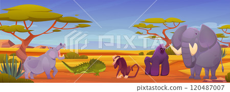 African animal. Zoo park. Safari in Africa. Funny jungle character. Wild crocodile. Gorilla and baboon. Nature cartoon landscape. Wilderness scenery. Cute wildlife. Vector savanna fauna background 120487007