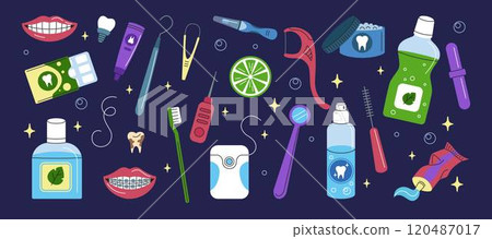 Dental icon. Toothpaste, toothbrush, dental cleaning, teeth, floss. Medical oral health. Smile care. Vector dentist stomatology mouth treatment tools tidy cartoon flat style isolated illustration 120487017