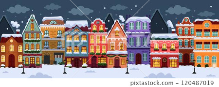 Christmas city street. Winter house, scene decor building on New Year. View town lights home. Snow holiday urban. Vector panoramic tidy cottages and townhomes facade, cartoon flat style illustration 120487019