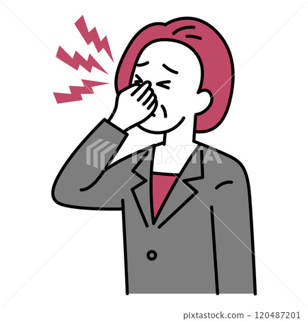 A middle-aged woman in a suit suffering from eye strain 120487201