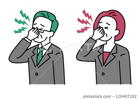 Set of middle-aged men and women in suits suffering from eye strain Set of middle-aged men and women in suits suffering from eye strain 120487202