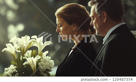 Mourning man and woman holding bouquets of flowers 120487354