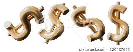 Collection of sleek golden dollar symbols with modern, polished metallic finish on white background. Ideal for representing finance, wealth, investment, and economic growth in creative projects. 3D. 120487663