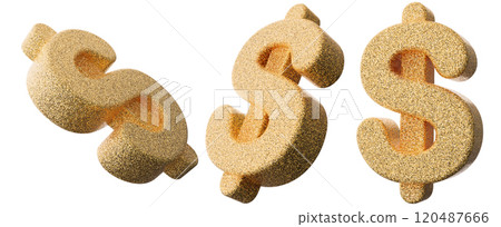 Set of three golden dollar symbols in glittery, textured design isolated on white background. Wealth, finance, luxury, or business themes with creative and eye-catching style. Dollar sign cut out. 3D. 120487666