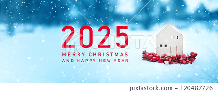 2025 Stylish little Christmas miniature ceramic house on white snow background. Festive stylish decoration. Merry Christmas and Happy Holidays 2025 Stylish little Christmas miniature ceramic house on white snow background. Festive stylish decoration. Merry Christmas and Happy Holidays 120487726