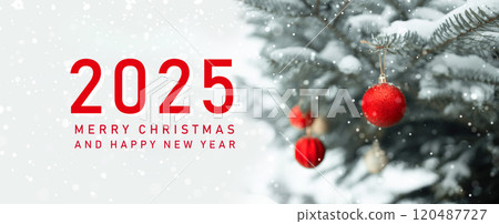 Happy New Year 2025. Beautiful New year congratulations. Beautiful and decorated Christmas tree in the mirror reflection. Christmas mood. Happy New Year 2025. Beautiful New year congratulations. Beautiful and decorated Christmas tree in the mirror reflection. Christmas mood. 120487727