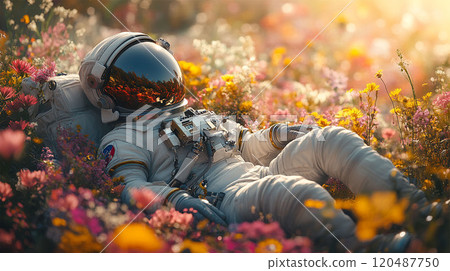 Astronaut in a spacesuit, reclining in a lush, rest on meadow 120487750