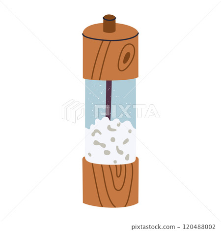 Wooden pepper mill vector illustration. Manual grinder with transparent glass and white peppercorns. Flat, cartoon style. Kitchen utensil, spice tool, elegant design for cooking or decoration themes 120488002