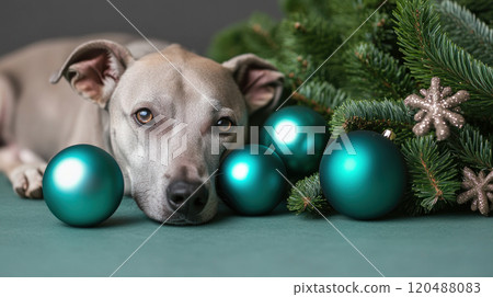 Dog resting near teal Christmas ornaments and evergreen branches. 120488083