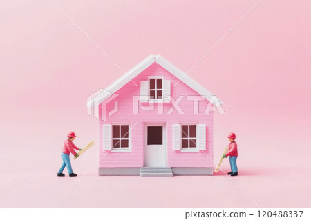 Miniature pink house with construction workers on a pastel background. 120488337