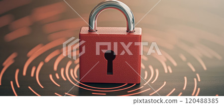Red padlock on a wooden surface with swirling light patterns. 120488385