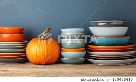 Colorful bowls arranged with a pumpkin on a wooden table against a blue background. 120488416