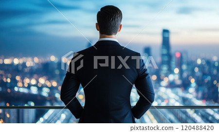 Businessman looking at city skyline during twilight from a high-rise building. 120488420