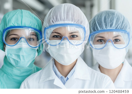 Healthcare professionals in protective gear, white isolate background. 120488459