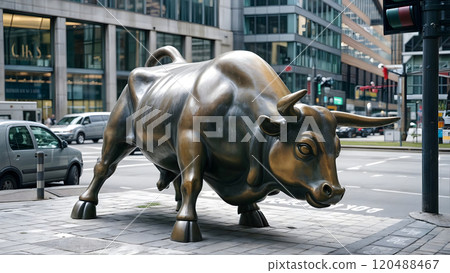 Bull statue representing aggressive financial optimism and prosperity. 120488467