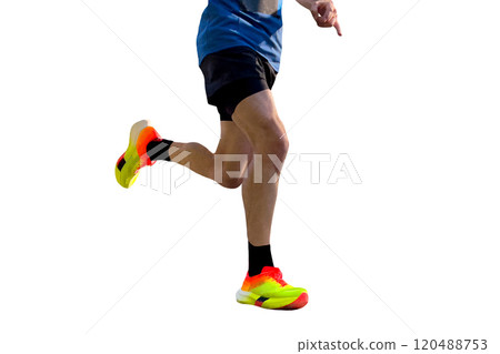close up legs male runner in bright running shoes isolated on white background close up legs male runner in bright running shoes isolated on white background 120488753