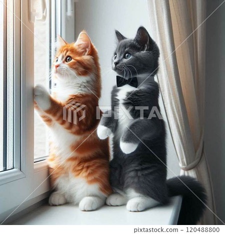 一隻友善的貓站起來向外看 120488800