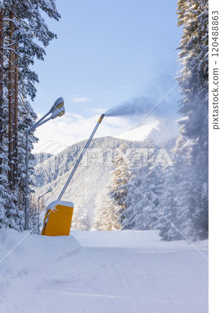Bansko, Bulgaria, winter ski road and snow cannon Bansko, Bulgaria, winter ski road and snow cannon 120488863