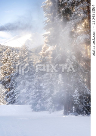 Bansko, Bulgaria, winter ski road and snow cannon 120488864