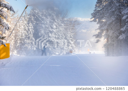 Bansko, Bulgaria, winter ski road and snow cannon Bansko, Bulgaria, winter ski road and snow cannon 120488865