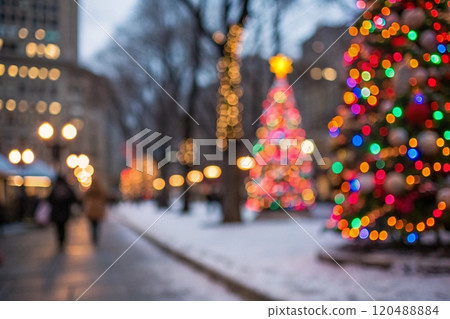 Vibrant Christmas Tree Lights in a Festive City Square with a Magical Holiday Atmosphere Vibrant Christmas Tree Lights in a Festive City Square with a Magical Holiday Atmosphere 120488884
