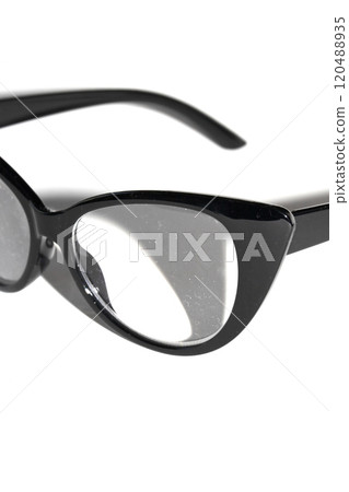 Close Up of Black Eye Glasses on White Background Close Up of Black Eye Glasses on White Background 120488935