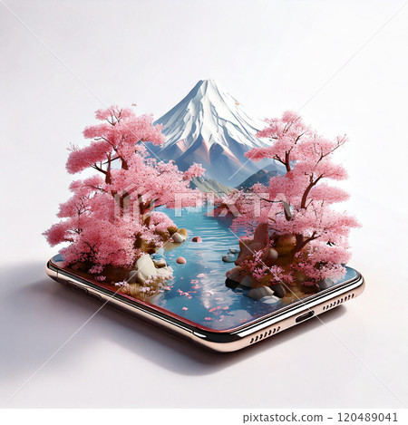 Mount Fuji and cherry blossoms pop out of your smartphone: Japanese landscape 3D figure illustration. Mount Fuji and cherry blossoms pop out of your smartphone: Japanese landscape 3D figure illustration. 120489041