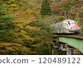 Akita Shinkansen Komachi running through autumn leaves 120489122