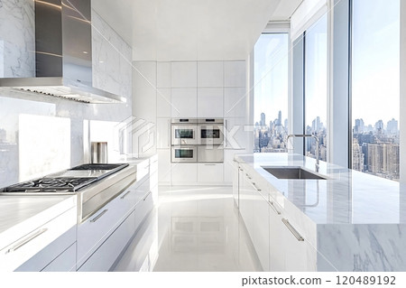 Modern white kitchen interior shining with elegance and city view Modern white kitchen interior shining with elegance and city view 120489192