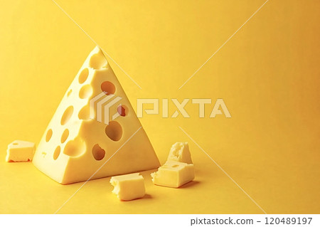 Triangular piece of swiss cheese lying on yellow background 120489197