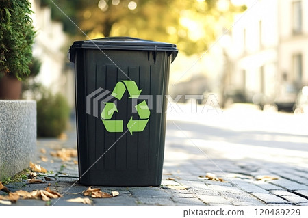 Recycling bin promoting environmental awareness on city street Recycling bin promoting environmental awareness on city street 120489229