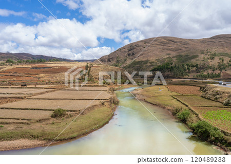 River Flowing Through Farmlands with Locals Washing Clothes. River Flowing Through Farmlands with Locals Washing Clothes. 120489288