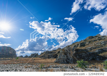 Majestic Sandstone Cliffs and Golden Grassland. Isalo National Park, Madagascar. Majestic Sandstone Cliffs and Golden Grassland. Isalo National Park, Madagascar. 120489342