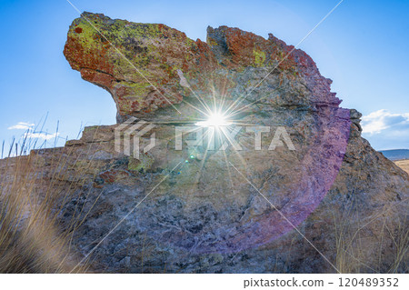 Sunset Through Natural Rock Window in Isalo National Park, Madagascar. 120489352