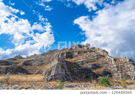 Majestic Sandstone Cliffs and Golden Grassland. Isalo National Park, Madagascar. 120489364