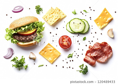 Delicious hamburger lying on white surface surrounded by fresh ingredients 120489433