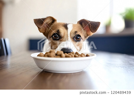 Cute jack russell dog looking at bowl of dry food sitting at table Cute jack russell dog looking at bowl of dry food sitting at table 120489439