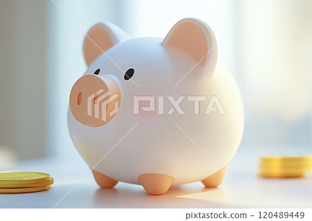 White piggy bank standing on desk with coins nearby 120489449
