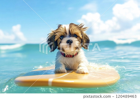 Cute puppy surfing on a sunny beach day: riding the waves with style 120489463