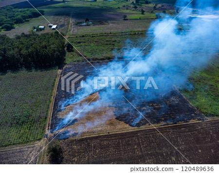 Aerial view of farmers burning corn residue after harvest. Corn field fire after harvest. Aerial view of farmers burning corn residue after harvest. Corn field fire after harvest. 120489636