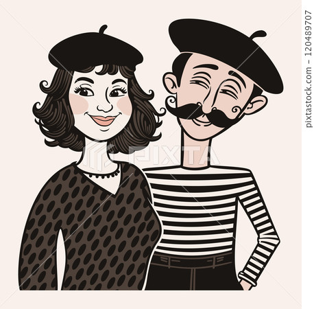Cute french couple in berets. Vector isolated illustration Cute french couple in berets. Vector isolated illustration 120489707