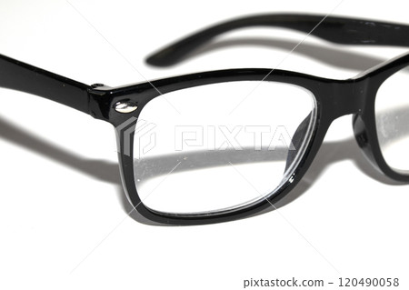 Close Up of Black Eye Glasses on White Background Close Up of Black Eye Glasses on White Background 120490058